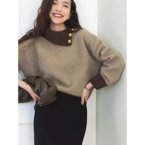 Casual Short Cashmere Sweater for Women Retro Hong Kong Style High Neck Color Block Knit Top Ideal for Birthday Parties and Winter Wear