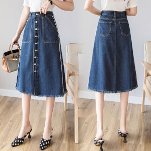 Summer Light Blue Single Button Frayed High Waist Denim Skirt Womens Spring Autumn Elegant Midi Skirt Casual Style A-Line