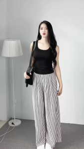 Quần Kẻ Sọc Xốp Nữ Cạp Phẳng Chiết Eo Trước MiSoul Dáng Rộng Quần Dài Ống Rộng Phía Sau Cạp Chun 430