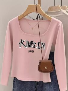 Early Autumn Ladies Slim Fit Long Sleeve T-Shirt U-Neck Print Short Top Inner Wear Base Shirt Pink Commute Style Cotton Blend