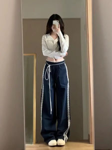 High Waist Patchwork Lace Stripes Casual Pants Women Summer Slimming Sports Loose Fit Wide Leg Long Trousers Commuters Korean Style