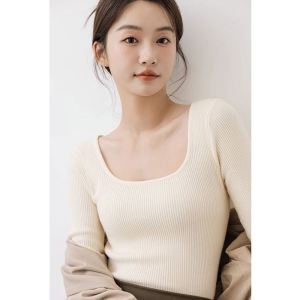 Square Collar Sweater Bottoming Shirt Womens Trench Coat Inner Wear Spring and Autumn 2023 New Arrival Fall and Winter Waist Tight off-Shoulder Knitting Tops