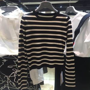 เสื้อสเวตเตอร์คอตั้งทรงเข้ารูปแขนยาวผ้าขนสัตว์ลายทางสั้นฤดูใบไม้ร่วง/ฤดูหนาว เสื้อชั้นในผู้หญิง ผ้าฝ้ายผสมขนสัตว์