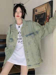 Washed Vintage Yellow Clay Dyed Denim Jacket Womens Autumn New Style Loose Oversize Lazy Style Jacket Top Buttoned Long Sleeve
