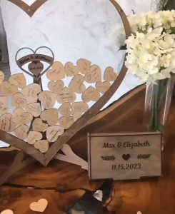 Heart-shaped wooden guest message box for wedding anniversary gifts including 80 wooden heart-shape