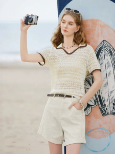 XIANGYING | White Lace Polo Linen Thin T-Shirt