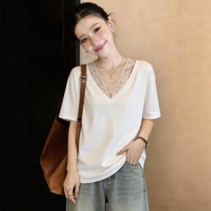 Lace Splicing V-Neck Short Sleeve T-Shirt