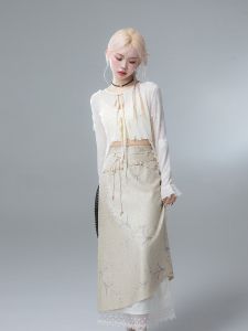 Caro Green Chinese Style Printed Belted Autumn Half Skirt A-Line Long Skirt for Short Women New Traditional Chinese Design