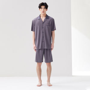 HLA | Mens Summer Home Clothes Set Short Sleeve Shirt Cotton Cool Feeling Sleepwear Shorts HLA Brand Casual Comfortable Breathable