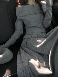 Elegant Knitted Two-Piece Set for Women High Waist Grey One-Shoulder Top And Long Skirt Autumn Fashion High Quality Feel
