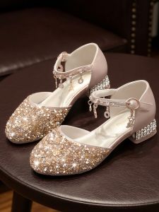 CAIWENGNIAO | New Gold Crystal Shoes Princess Style with Pink Glitter for Girls