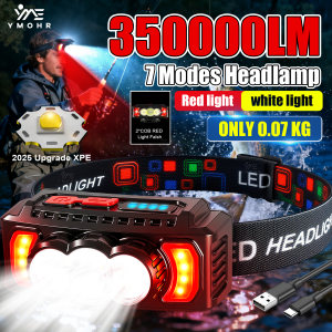 2025 Headlamp White Red Head LED Front Flashlight USB C Rechargeable Lamp Head Flashlight Waterproof Head Lamp Fishing Cap Light