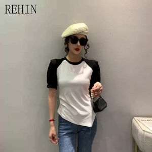 REHIN Summer new European style splicing color collision short-sleeved T-shirt hem irregular side ruffles thin womens top