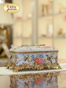 Julian Home French Retro Tissue Box Copper plus Porcelain Hand Painted Painted Romantic Flowers and Birds European Style Tissue Box