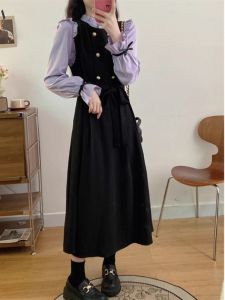 ชุดเดรสยาวแขนยาวสไตล์วินเทจฝรั่งเศส ทรงเอ ปกโปโล กระโปรงทรงเอ ทรงเข้ารูป สำหรับผู้หญิงไซส์ใหญ่ ช่วงฤดูใบไม้ร่วงและฤดูหนาว