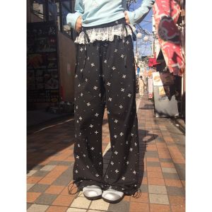 Black Lace Trim Butterfly Knot Wide Leg Sporty Casual Jazz Dance Pants for Women High Waist Long Trousers Korean Style