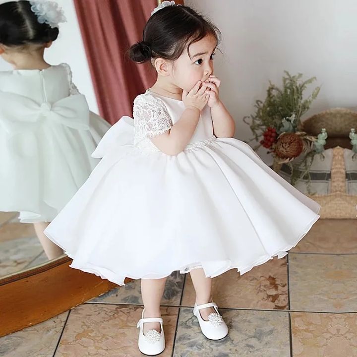 Baby Girls White White Tulle Christening Dress - Wedding Party Dress