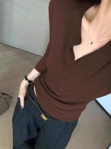 chaqi | French Button Half-Placket Ice Silk Knit Slim Fit T-Shirt