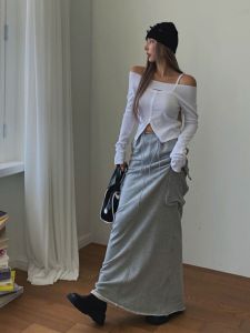 High Waist Long Casual Womens Skirt Spring 2024 Fashion Side Pocket Workwear Midi Skirt Comfortable Fit A-Line Cotton Blend