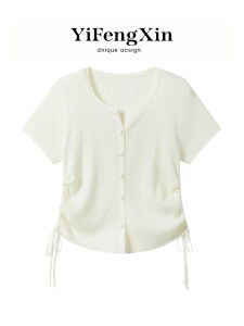 YIFENGXIN | White Drawstring Round Collar Regular Fit Knit Short Sleeve Womens Blouse