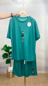 M-3XLเสื้อผ้าผู้ชาย ชุดเซ็ต2ชิ้น พิมพ์ลาย เสื้อยืด คอกลมแขนสั้น+กางเกงขาสั้น ผ้าวาฟเฟิล ผ้านิ่ม สวมใส่ สบา