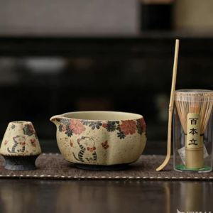 Japanese Matcha Set Flint Red Matcha Making Set Whisk Teaspoon Ceramic Bowl Traditional Tea Sets Matcha Bowl Tea Tools Gifts