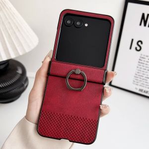 Hinge Full Protection Leather Phone Case For Motorola Razr 40 50 60 70 Ultra Ring Holder Woven Texture Shockproof Hard Cover