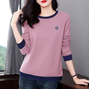 Large Size Womens round Neck Long Sleeve T-Shirt Base Shirt Color Block Mid-Year Mom Ladies Autumn Clothes Fashionable Commute Style