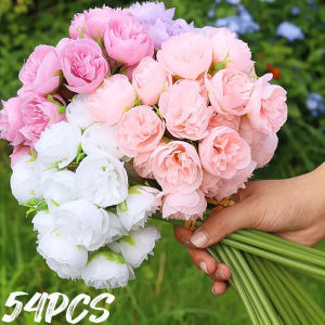 54PCS Pink Roses Peony Artificial Flowers Silk Bouquet for Table Vase Arrange Home Wedding Decoration Roses Fake Flowers