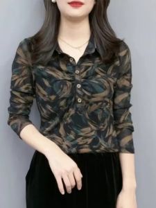 plus Size Womens Mesh Base Shirt Autumn Fashion 2025 New Style Breathable Polo Collar Top Versatile Midlife Mommy Friendly