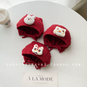 Red Baby Hat Spring and Autumn Boys and Girls Small-Month 100 Days Old One Year Old Festive Earmuffs Hat Knitted Hat Toque