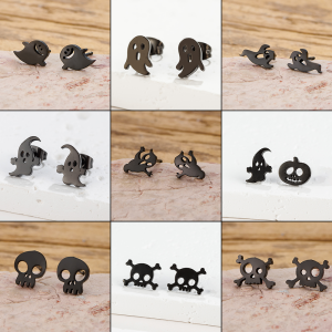 1 Pair Cute Cartoon Ghost Stud Earrings For Women Stainless Steel Ear Piercing Black Color Earrings Funny Halloween Gift