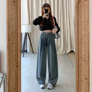 Quần Jeans Nữ Cạp Cao Ống Rộng Dáng Suông Kiểu Dáng Xu Hướng Thoải Mái Chất Liệu Mềm Mại Có Túi Phong Cách Mùa Thu