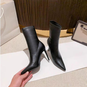 Elegant Pointed Toe High Heel Booties Womens Autumn Winter Short Boots Elastic French Black Velvet Surface White Booties