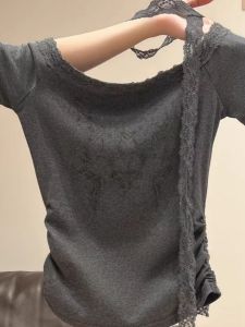Pure Desire Lace Splice Sash Shoulder Short Sleeve T-Shirt Womens Summer Design Slimming Commute Versatile Top Breathable