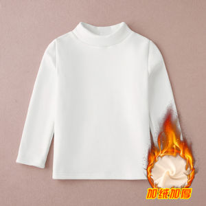 Girls White with Fleece Lining Bottoming Shirt Boys Black Collar T-shirt Childrens Thermal Top Cotton Tight Dancing Dress