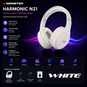 Monster | Monster Harmonic N21 Bluetooth 6.0 Headphones Call Noise Reduction Headset Punchy Deep Bass Over-Ear Wireless Earphone with Mic