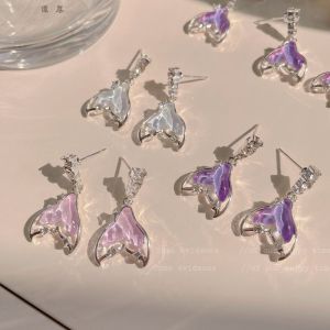Mermaid Princess Laser Purple Fish Tail Earrings Womens Silver Needle Unique Design Elegant Sweet Summer  Ear Jewelry