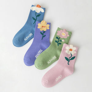 4 pairs flowered socks - childrens mid-length socks suitable for childrens daily wear throughout the year