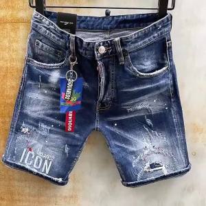 《308》 Dsquared2ยี่ห้อ Mens Blue Denim กางเกงขาสั้นบุรุษ Casual Slim DSQ พิมพ์ Hole กางเกงยีนส์สั้นคุณภาพสูง hip hop DENIM กางเกงขาสั้น