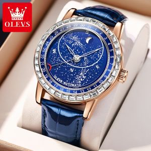 OLEVS Mens Watch 2023 New Style Starry Sky Mechanical Watch Leather Strap Cool Korean Style Exquisite Watch Box (1 Year Warranty)