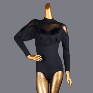 Women Mesh Patchwork Long Sleeve Latin Dance Top Solid Tassels Romper Belly Dance Performance Costume Stage Performances
