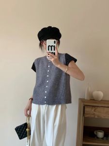 Early Autumn 2023 Womens Korean Style V-Neck Single Button Knitted Vest Open Cardigan Lazy Style Sleeveless Shoulder Bared Vest