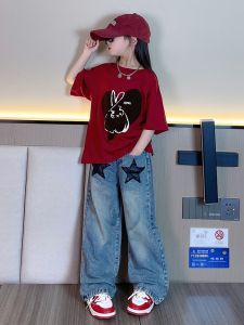 Girls Summer Outfit Set Korean Style Big Kids Fashionable Short Sleeve Denim Two Piece Set Cotton Cartoon Print Top And Pants