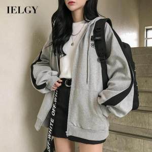 IELGY Womens clothes sweater plus velvet letters casual zipper all-match Korean version hood fashion