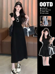 Hebe Style Black V-Neck Dress Women Summer New Tea Break French Waist Cinching Slim Long Dress Small Size A-Line Skirt