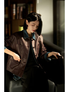 Simple Design Four Pocket Workwear Style Burgundy Leather Jacket without Painting Four Quadrants by Xhange Commute Straight Tube