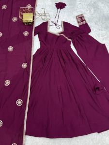 [PRE-ORDER] 2026 SEPT WOMEN PURPLE PLUM ANARKALI SUIT 3PCS READY TO WEAR WITH DUPATTA & PANTS | INDIAN BOLLYWOOD EMBROIDERED LONG FLARED DRESS | WEDDING PARTY DEEPAVALI XS-2XL