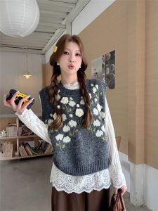 Elegant Lace Long Sleeve Base Shirt Womens Fashion Set Sweet Style T-Shirt Autumn Winter Layering Top And Vest Two-Piece Set