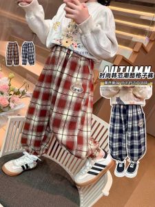 กางเกงกีฬาลายสก็อตสำหรับเด็กผู้หญิง กางเกงขายาวทรงหลวมสบายๆ กางเกงขายาวลำลองฤดูใบไม้ร่วงสำหรับเด็กอนุบาล